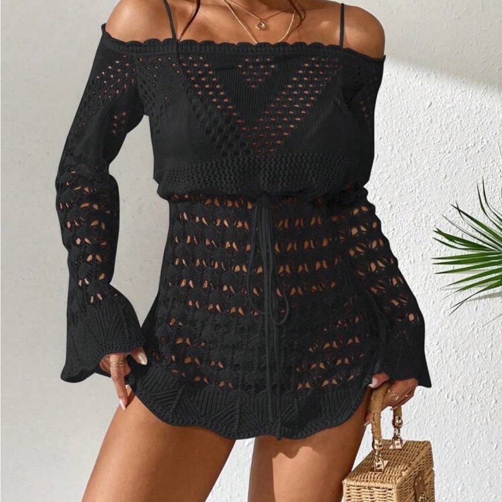 FREE Off The Shoulder Knit Black Coverup Mini Dress